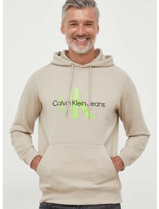 Bavlnená mikina Calvin Klein Jeans pánska, béžová farba, s kapucňou, s potlačou, J30J320805