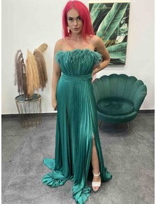 PrestigeShop Dlhé turecké elegantné šaty s plisovanou sukničkou a pierkami - smaragdovo zelené