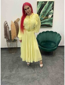 PrestigeShop Midi elegantné šaty s dlhými rukávmi a opaskom chanel - žlté
