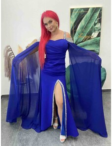 PrestigeShop Dlhé elegantné turecké šaty so štrasom a rázporkom - kráľovsky modré