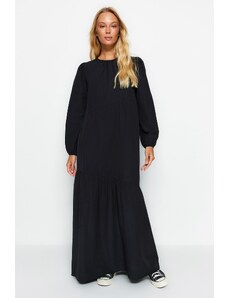 Trendyol Modest Black Gather Detailed Cotton Wide Fit tkané šaty