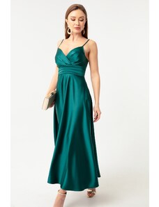 Lafaba dámske smaragdovo zelené saténové midi večerné šaty a plesové šaty s povrazovými ramienkami a bedrovým pásom.