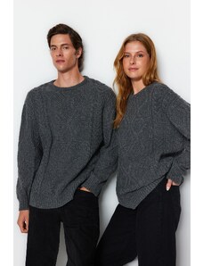 Trendyol Pánsky sivý oversize široký strih s posádkovým výstrihom pletený pletený sveter.