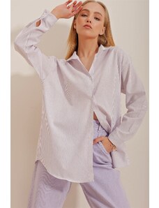 Trend Alaçatı Stili Women's Lilac Striped Oversize Shirt