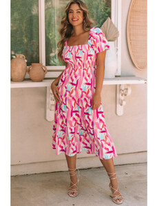 Dlhé ružové šaty s abstraktným vzorom a naberaným rukávom LC6115787-10