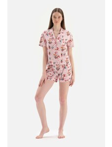 Dagi Light Pink Shirt Collar Tropical Patterned Shorts Knitted Pajamas Set.