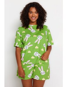 Trendyol Curve Green Rabbit Printed Cotton Knitted Pajamas Set