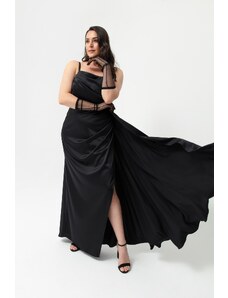 Lafaba Dámske Čierne Saténové večerné šaty a plesové šaty Lafaba Čierne na jedno rameno plus veľkosť