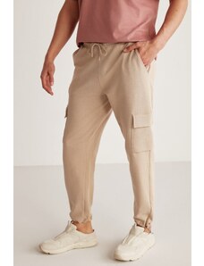 GRIMELANGE Jadon Men's Cargo Pocket Regular Fit 5-Pocket Beige Sweatpants with Stopper Elastic Leg