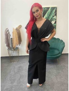 PrestigeShop Elegantné turecké šaty s netopierími rukávmi, rázporkom a opaskom - čierne