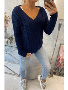 K-Fashion Pletený sveter s výstrihom do V tmavomodrý