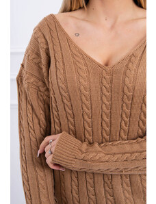 K-Fashion Pletený sveter s výstrihom do V ťavie farby