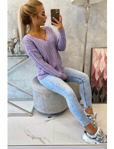 K-Fashion Pletený sveter s výstrihom do V fialový