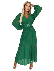 numoco basic KLARA - Svetlo zelené dámske plisované šaty s výstrihom a opaskom 414-3