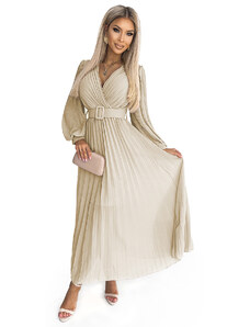 numoco basic KLARA - Béžové dámske plisované šaty s opaskom a výstrihom 414-8