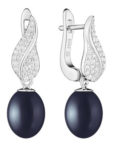 Gaura Pearls Stříbrné náušnice s černou perlou a zirkony, stříbro 925/1000