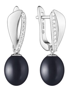 Gaura Pearls Stříbrné náušnice s černou perlou a zirkony, stříbro 925/1000