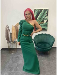 PrestigeShop Dlhé turecké šaty priliehavého strihu so zlatou retiazkou a opaskom - smaragdovo zelené
