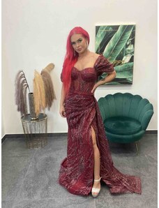 PrestigeShop Dlhé elegantné turecké šaty s trblietkami a korzetom - červené
