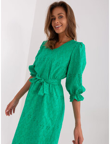 LAKERTA Zelené romantické bavlnené ažúrové šaty s volánovými rukávmi a opaskom