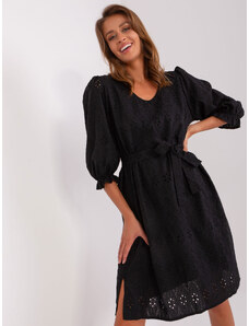 LAKERTA Čierne romantické bavlnené ažúrové šaty s volánovými rukávmi a opaskom