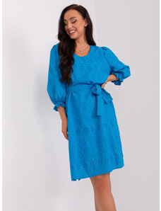 LAKERTA Modré romantické bavlnené ažúrové šaty s volánovými rukávmi a opaskom