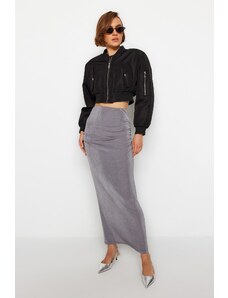 Trendyol Gray Premium with a Glossy Finish and Soft Textured Drape Maxi Knitted Skirt