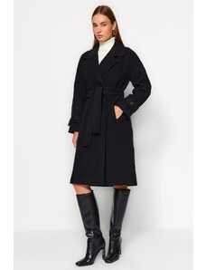 Trendyol Black limitovaná edícia oversize široko strihaný pásový dlhý razený kabát