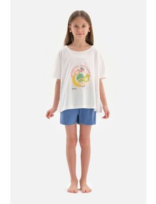 Dagi White Print Detailed Short Sleeve T-shirt, Shorts Pajamas Set.