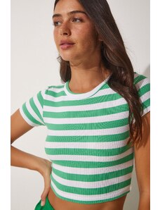 Happiness İstanbul Women's Light Green Striped Cotton Knitted Crop T-Shirt