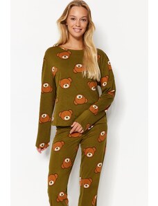 Trendyol Khaki 100% bavlnený plyšový medvedík s potlačou trička-jogger pletené pyžamo