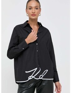 Bavlnená košeľa Karl Lagerfeld dámska, čierna farba, voľný strih, s klasickým golierom