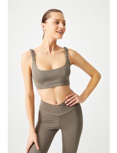 LOS OJOS Khaki Lightweight Support Gathered Straps Detailed Covered Sports Bra