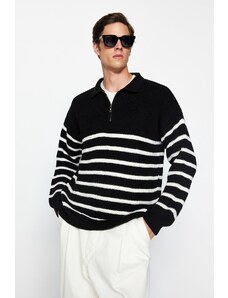 Trendyol Collection Čierny oversize Fit Wide Fit Polo golier Pruhovaný úpletový sveter