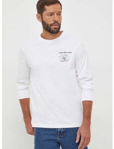 Bavlnené tričko s dlhým rukávom Calvin Klein Jeans biela farba, s potlačou