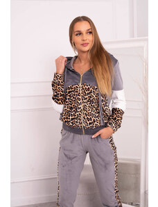 K-Fashion Velúrová súprava s leopardím potlačou sivá