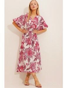Trend Alaçatı Stili Dámske ružové dvojradové ľanové šaty so vzorovaným golierom