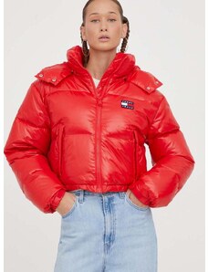 Páperová bunda Tommy Jeans dámska, červená farba, zimná, DW0DW16572