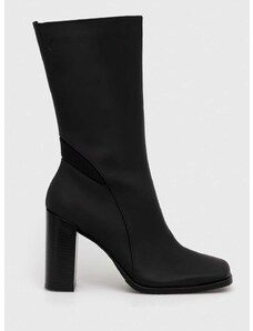 Kožené členkové topánky Calvin Klein Jeans HEEL ZIP BOOT LTH WN dámske, čierna farba, na podpätku, YW0YW01113