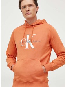 Bavlnená mikina Calvin Klein Jeans pánska,oranžová farba,s kapucňou,s potlačou,J30J320805