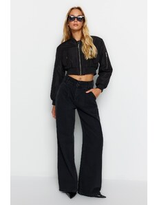 Trendyol Black plisovaný detail pása vysoký pás široké nohavice džínsy