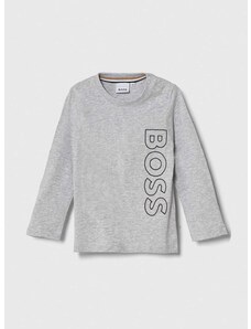 Detské bavlnené tričko s dlhým rukávom BOSS šedá farba, s potlačou