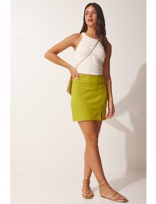 Happiness İstanbul Women's Oil Green Slit Mini Skirt