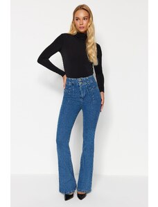 Trendyol Collection Modré prešívanie detailne prešívané džínsy s vysokým pásom