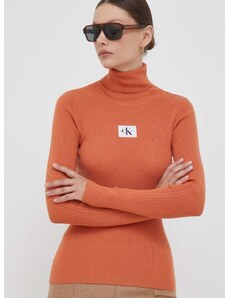 Sveter Calvin Klein Jeans dámsky, oranžová farba, s rolákom