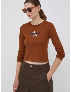 Bavlnené tričko s dlhým rukávom Calvin Klein Jeans hnedá farba