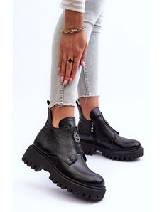 Lemar Čierne kožené zateplené topánky s ozdobou na platforme