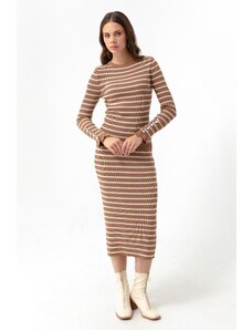 Lafaba Women's Striped Knitwear Suit With A tan Skirt