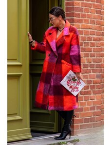 Taliansko Károvaný vlnený kabát červený