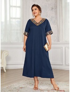 venusamoda Tunikové šaty s flitrovaným zdobením modré